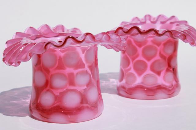 photo of vintage Fenton cranberry glass white opalescent coin dot coinspot top hat vases #7