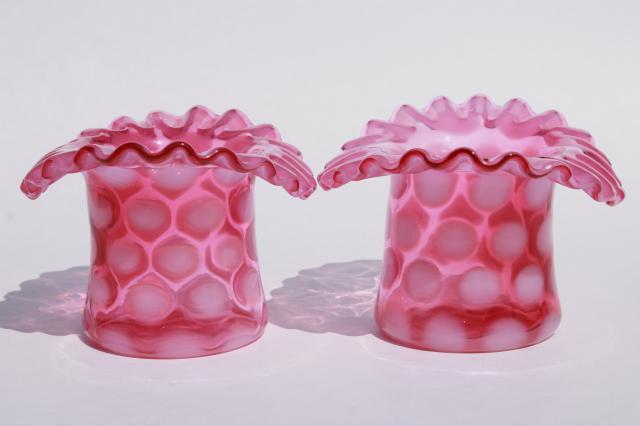 photo of vintage Fenton cranberry glass white opalescent coin dot coinspot top hat vases #8