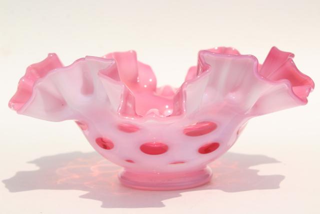 photo of vintage Fenton cranberry opalescent coin spot glass bowl, crimped round coinspot bowl #2