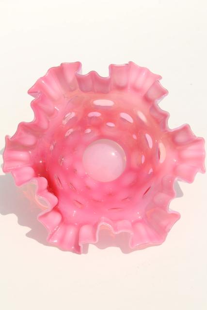 photo of vintage Fenton cranberry opalescent coin spot glass bowl, crimped round coinspot bowl #3