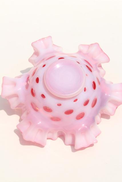 photo of vintage Fenton cranberry opalescent coin spot glass bowl, crimped round coinspot bowl #4