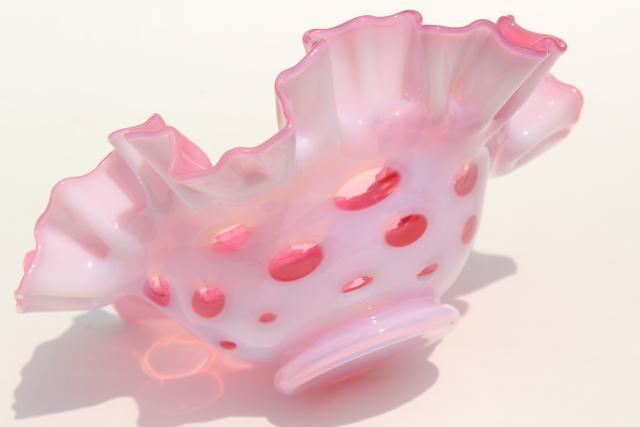 photo of vintage Fenton cranberry opalescent coin spot glass bowl, crimped round coinspot bowl #5