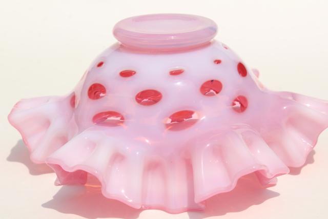 photo of vintage Fenton cranberry opalescent coin spot glass bowl, crimped round coinspot bowl #6