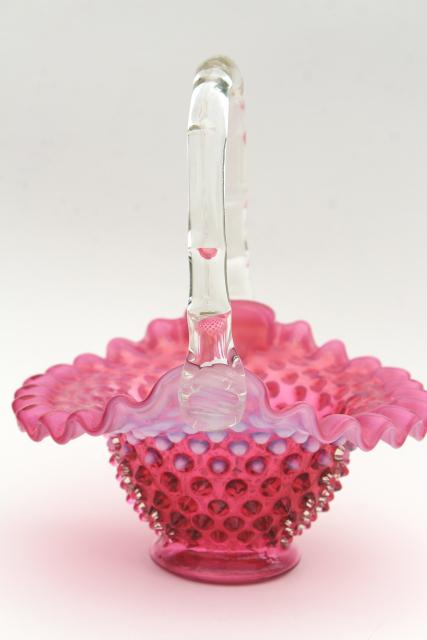 photo of vintage Fenton cranberry opalescent glass brides basket, hobnail pattern glass #2