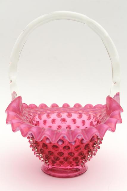 photo of vintage Fenton cranberry opalescent glass brides basket, hobnail pattern glass #3