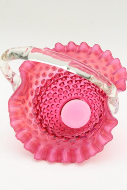 photo of vintage Fenton cranberry opalescent glass brides basket, hobnail pattern glass #4