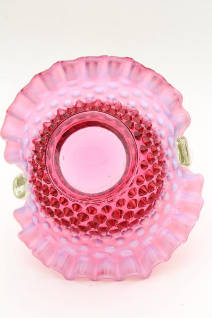 photo of vintage Fenton cranberry opalescent glass brides basket, hobnail pattern glass #5