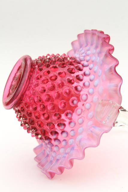 photo of vintage Fenton cranberry opalescent glass brides basket, hobnail pattern glass #6