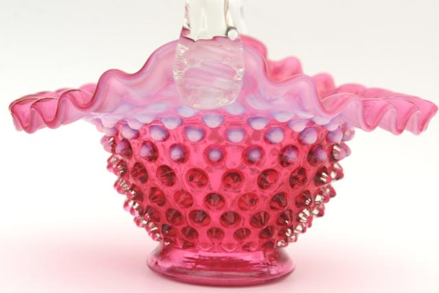 photo of vintage Fenton cranberry opalescent glass brides basket, hobnail pattern glass #7