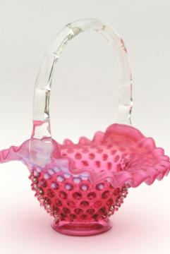 catalog photo of vintage Fenton cranberry opalescent glass brides basket, hobnail pattern glass