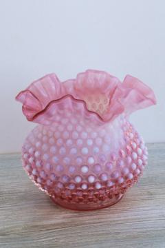 catalog photo of vintage Fenton cranberry opalescent glass hobnail rose bowl vase