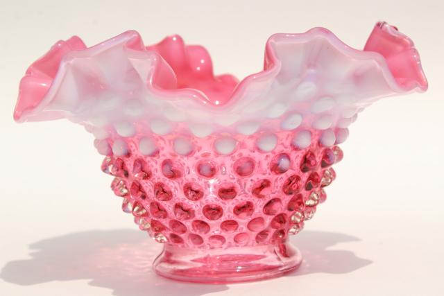 photo of vintage Fenton cranberry opalescent hobnail glass bowl w/ crimped ruffle #2