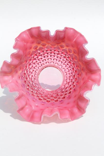 photo of vintage Fenton cranberry opalescent hobnail glass bowl w/ crimped ruffle #3