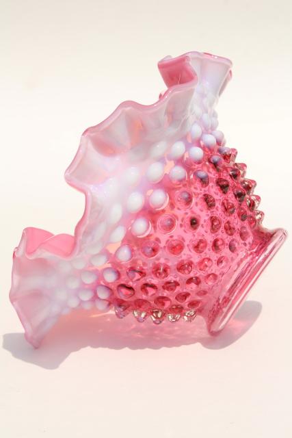 photo of vintage Fenton cranberry opalescent hobnail glass bowl w/ crimped ruffle #6
