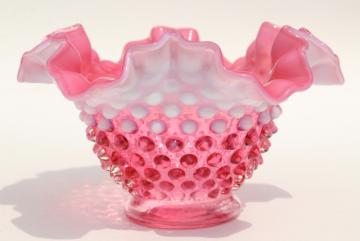 catalog photo of vintage Fenton cranberry opalescent hobnail glass bowl w/ crimped ruffle