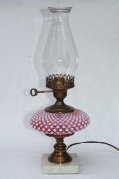 catalog photo of vintage Fenton cranberry opalescent hobnail glass table lamp w/ chimney shade