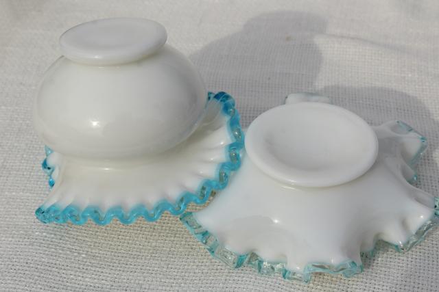 photo of vintage Fenton crest milk glass vases collection, rose pink, aqua blue, emerald green  #3