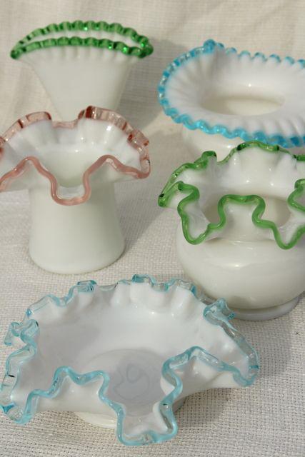 photo of vintage Fenton crest milk glass vases collection, rose pink, aqua blue, emerald green  #7