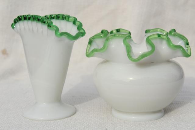 photo of vintage Fenton crest milk glass vases collection, rose pink, aqua blue, emerald green  #8