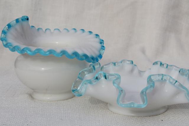 photo of vintage Fenton crest milk glass vases collection, rose pink, aqua blue, emerald green  #13