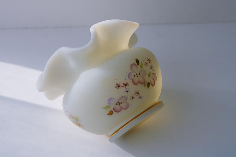 photo of vintage Fenton custard glass satin frosted rose bowl vase, hand painted pink daisies #3