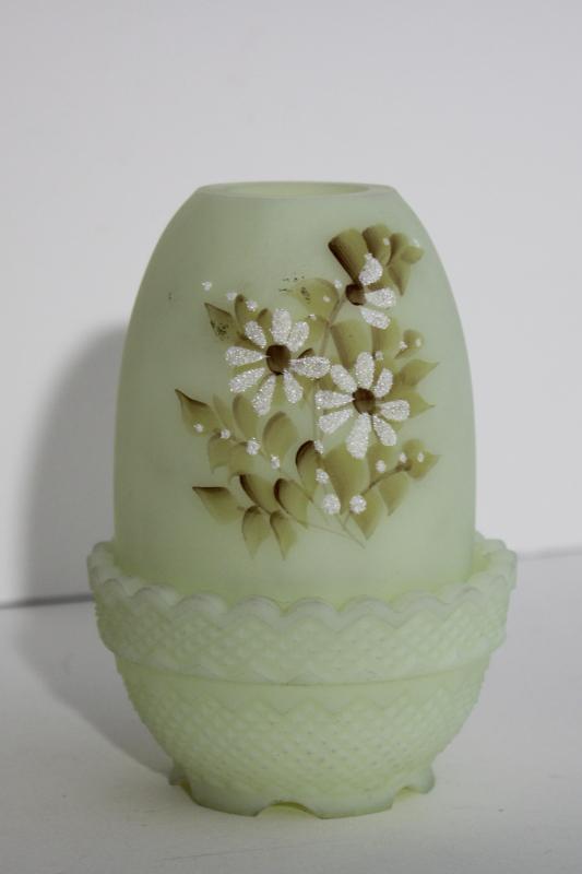 photo of vintage Fenton daisies custard satin glass fairy light, signed hand painted candle lamp #2