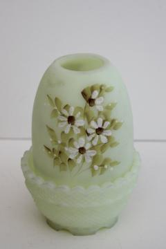 vintage Fenton daisies custard satin glass fairy light, signed hand painted candle lamp