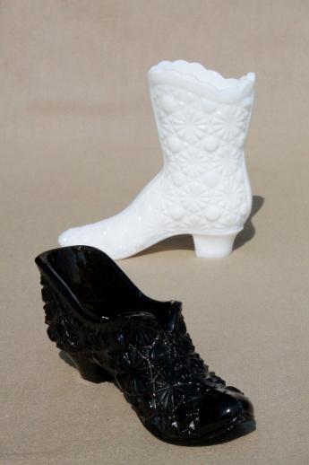 photo of vintage Fenton daisy & button glass lady's slipper shoe & boot, black glass & milk glass #1