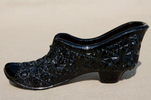 photo of vintage Fenton daisy & button glass lady's slipper shoe & boot, black glass & milk glass #2