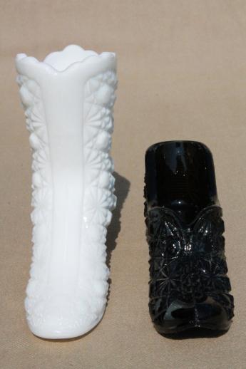 photo of vintage Fenton daisy & button glass lady's slipper shoe & boot, black glass & milk glass #4