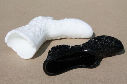 photo of vintage Fenton daisy & button glass lady's slipper shoe & boot, black glass & milk glass #6