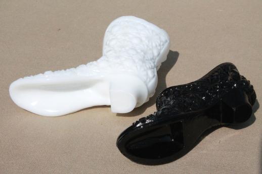 photo of vintage Fenton daisy & button glass lady's slipper shoe & boot, black glass & milk glass #7