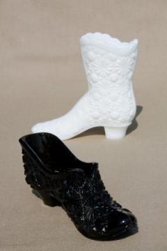 catalog photo of vintage Fenton daisy & button glass lady's slipper shoe & boot, black glass & milk glass