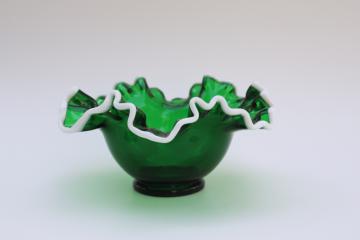 catalog photo of vintage Fenton emerald green glass milk white snow crest rose bowl or candy dish