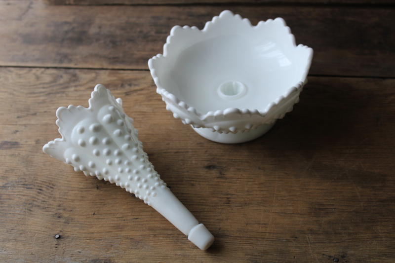 photo of vintage Fenton epergne, two piece centerpiece flower bowl w/ horn vase hobnail milk glass  #2