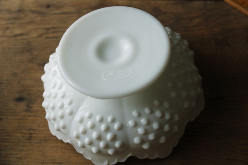 photo of vintage Fenton epergne, two piece centerpiece flower bowl w/ horn vase hobnail milk glass  #5