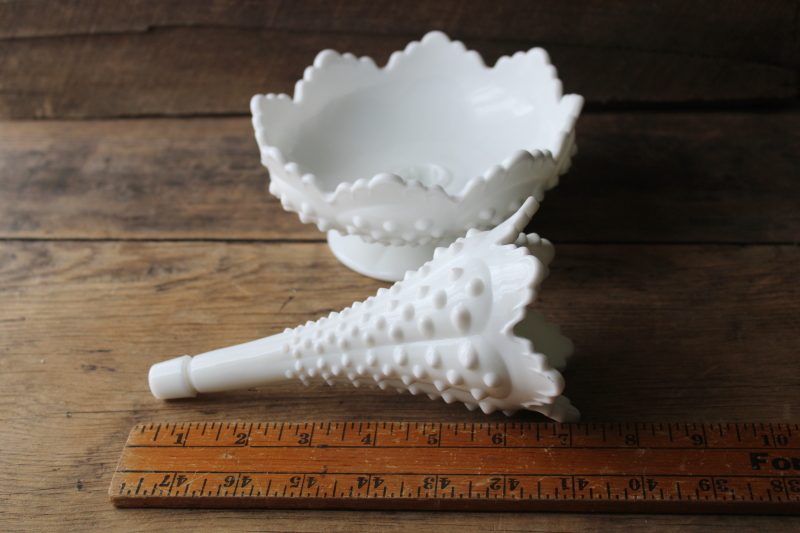 photo of vintage Fenton epergne, two piece centerpiece flower bowl w/ horn vase hobnail milk glass  #7