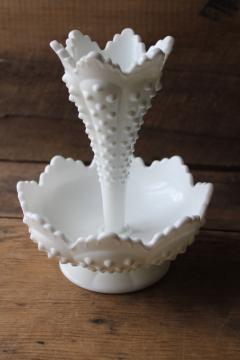 vintage Fenton epergne, two piece centerpiece flower bowl w/ horn vase hobnail milk glass 