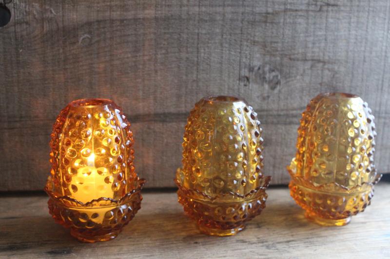 photo of vintage Fenton fairy lights, hobnail pattern amber glass candle holders w/ shades #1
