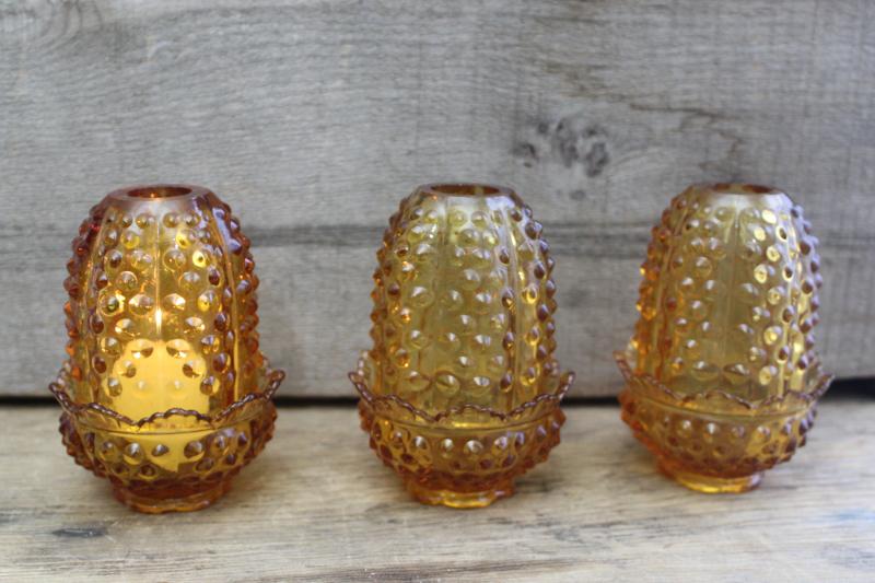 photo of vintage Fenton fairy lights, hobnail pattern amber glass candle holders w/ shades #2