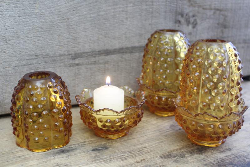 photo of vintage Fenton fairy lights, hobnail pattern amber glass candle holders w/ shades #4