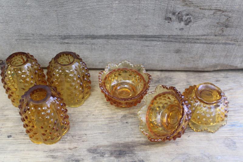 photo of vintage Fenton fairy lights, hobnail pattern amber glass candle holders w/ shades #8