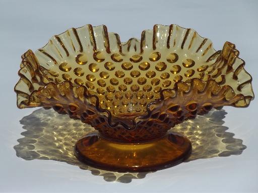 photo of vintage Fenton footed bowl w/ ruffle, hobnail pattern amber glass #1