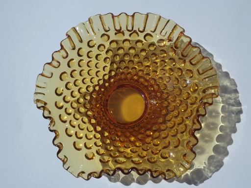 photo of vintage Fenton footed bowl w/ ruffle, hobnail pattern amber glass #2