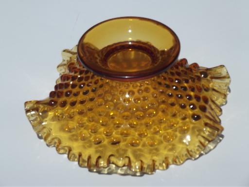 photo of vintage Fenton footed bowl w/ ruffle, hobnail pattern amber glass #4