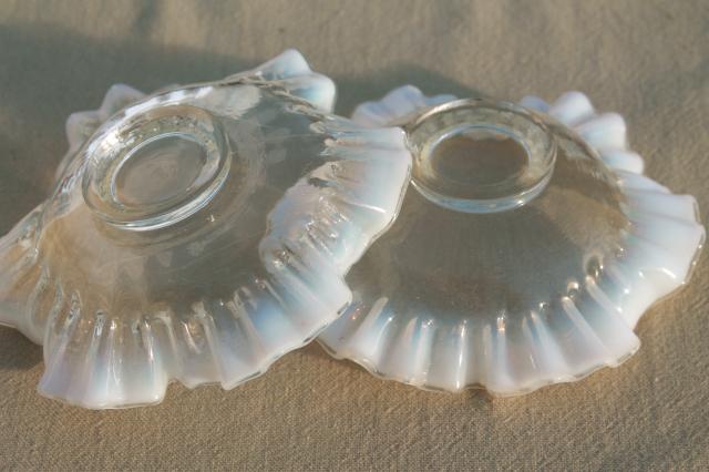 photo of vintage Fenton french opalescent glass bonbon dishes, moonstone white edged crimped ruffled bowls #2