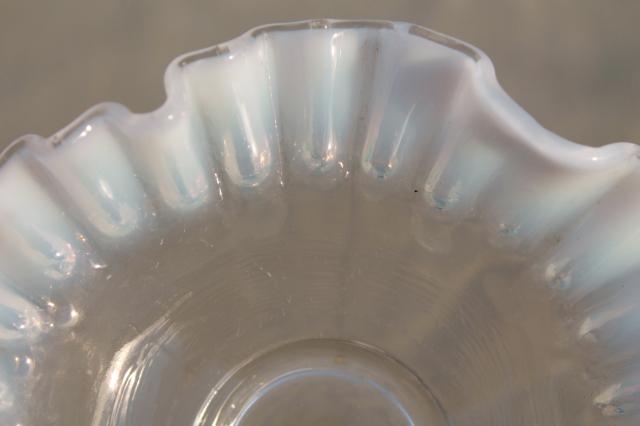 photo of vintage Fenton french opalescent glass bonbon dishes, moonstone white edged crimped ruffled bowls #3