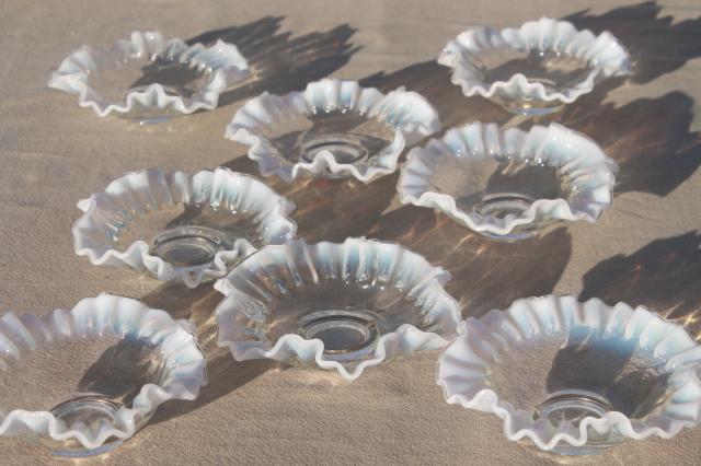 photo of vintage Fenton french opalescent glass bonbon dishes, moonstone white edged crimped ruffled bowls #5