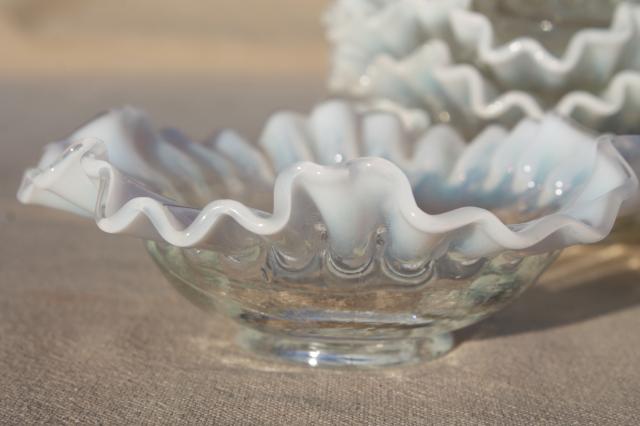 photo of vintage Fenton french opalescent glass bonbon dishes, moonstone white edged crimped ruffled bowls #6