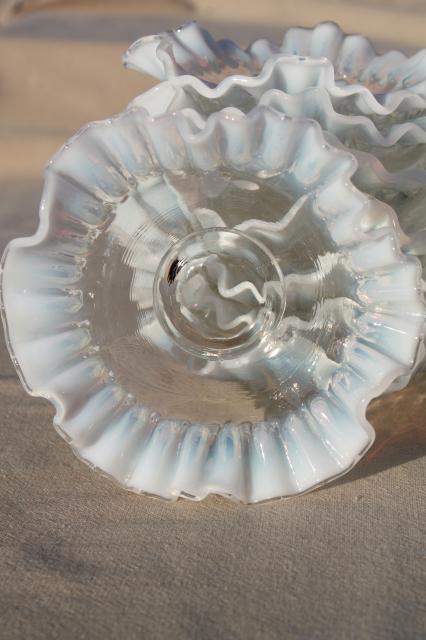 photo of vintage Fenton french opalescent glass bonbon dishes, moonstone white edged crimped ruffled bowls #7